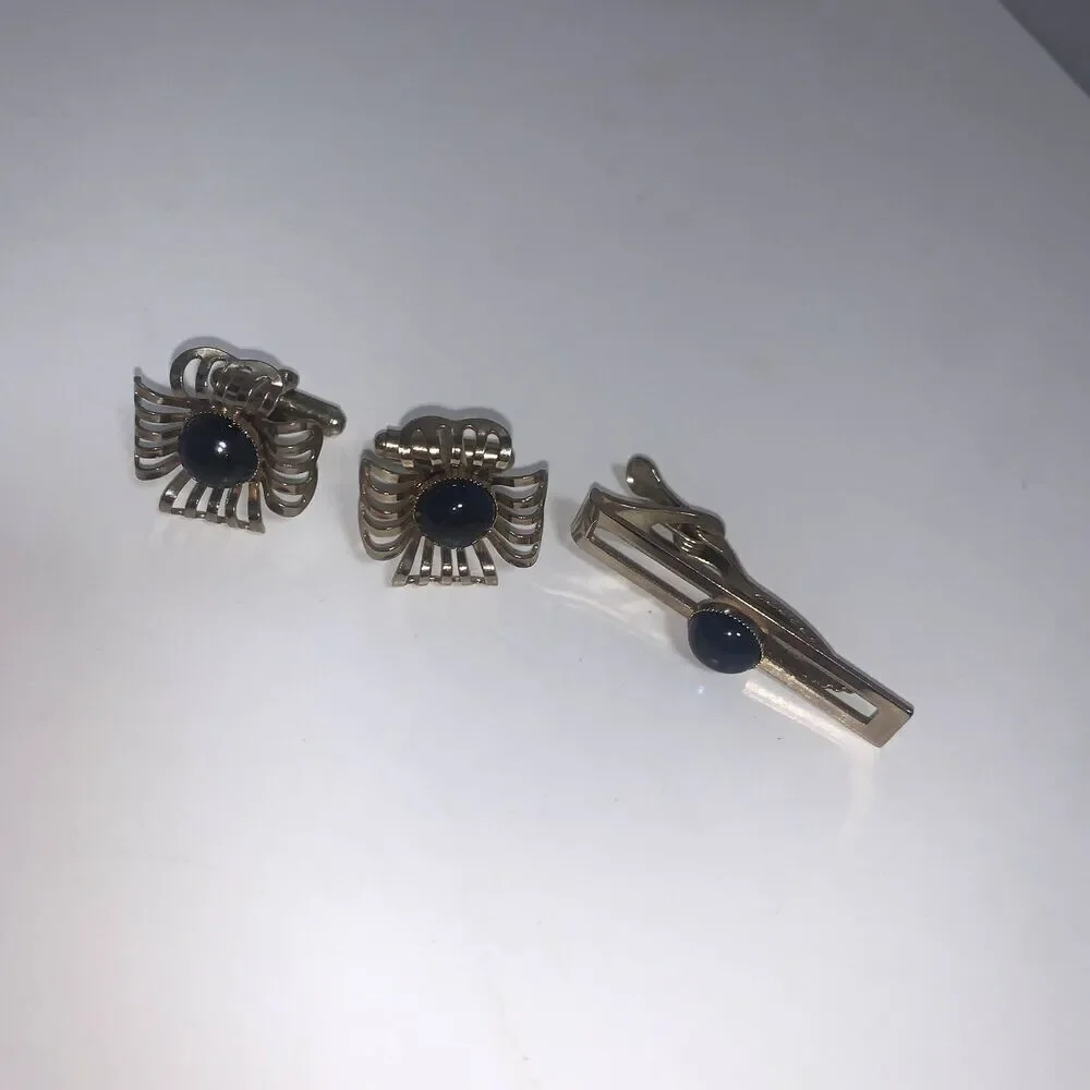 Tie Clip Set vintage CuffLinks with matching Tie Bar  Men Wedding Jewelry .